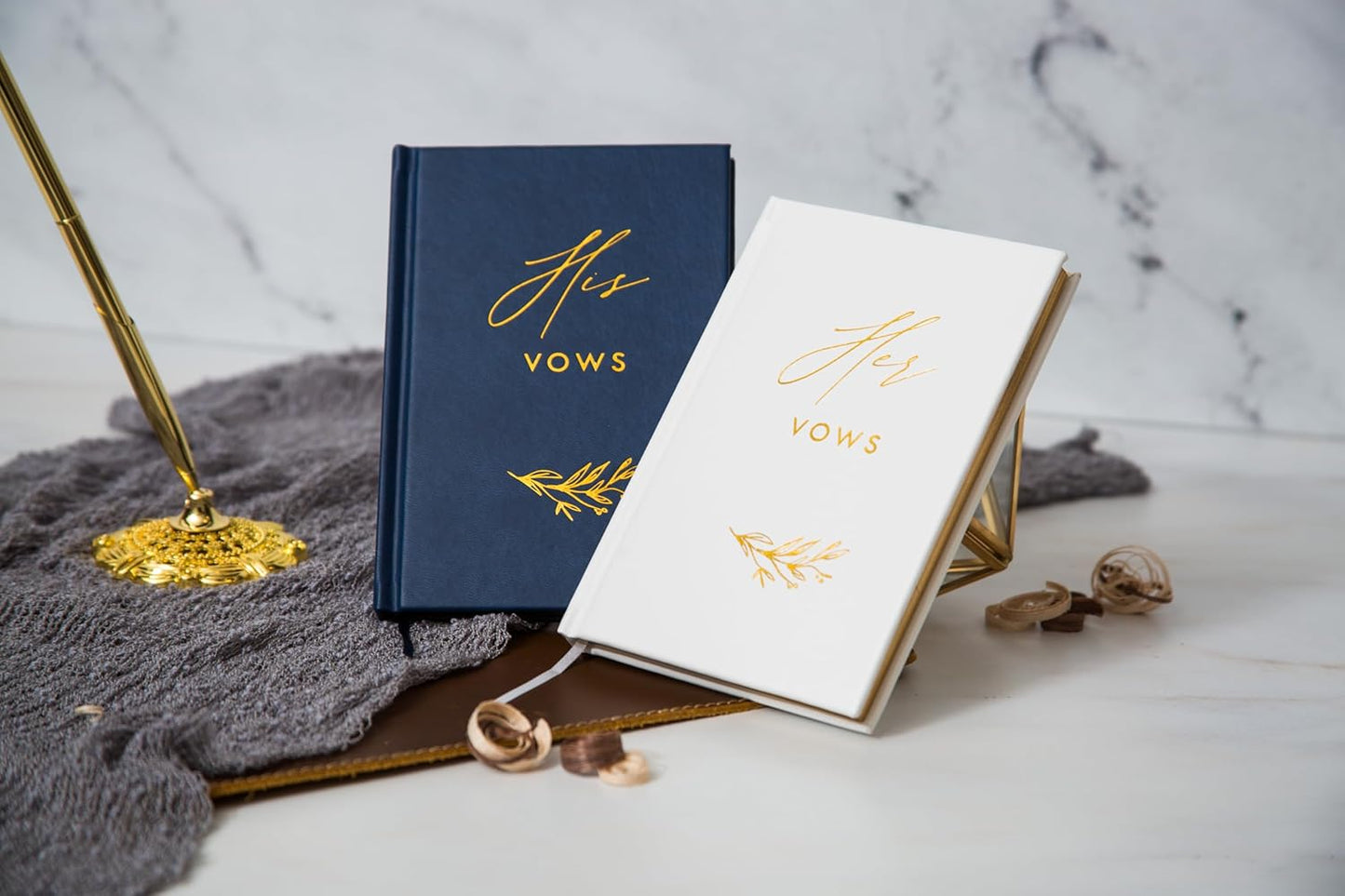 His and Her Vow Books (Set of 2) - Navy & White Hard Cover Gold Embossed Notebook Journal Diary for Nuptial Wedding Cerenomy Vow Renewal / Engagement Gift for Newly Engaged Couples at Bridal Shower