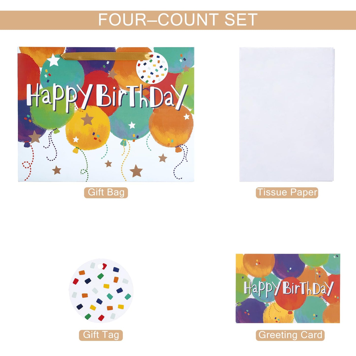 Loveinside Colorful Birthday Gift Bag, Balloons Pattern with HAPPY BIRTHDAY Text, Matching Tissue