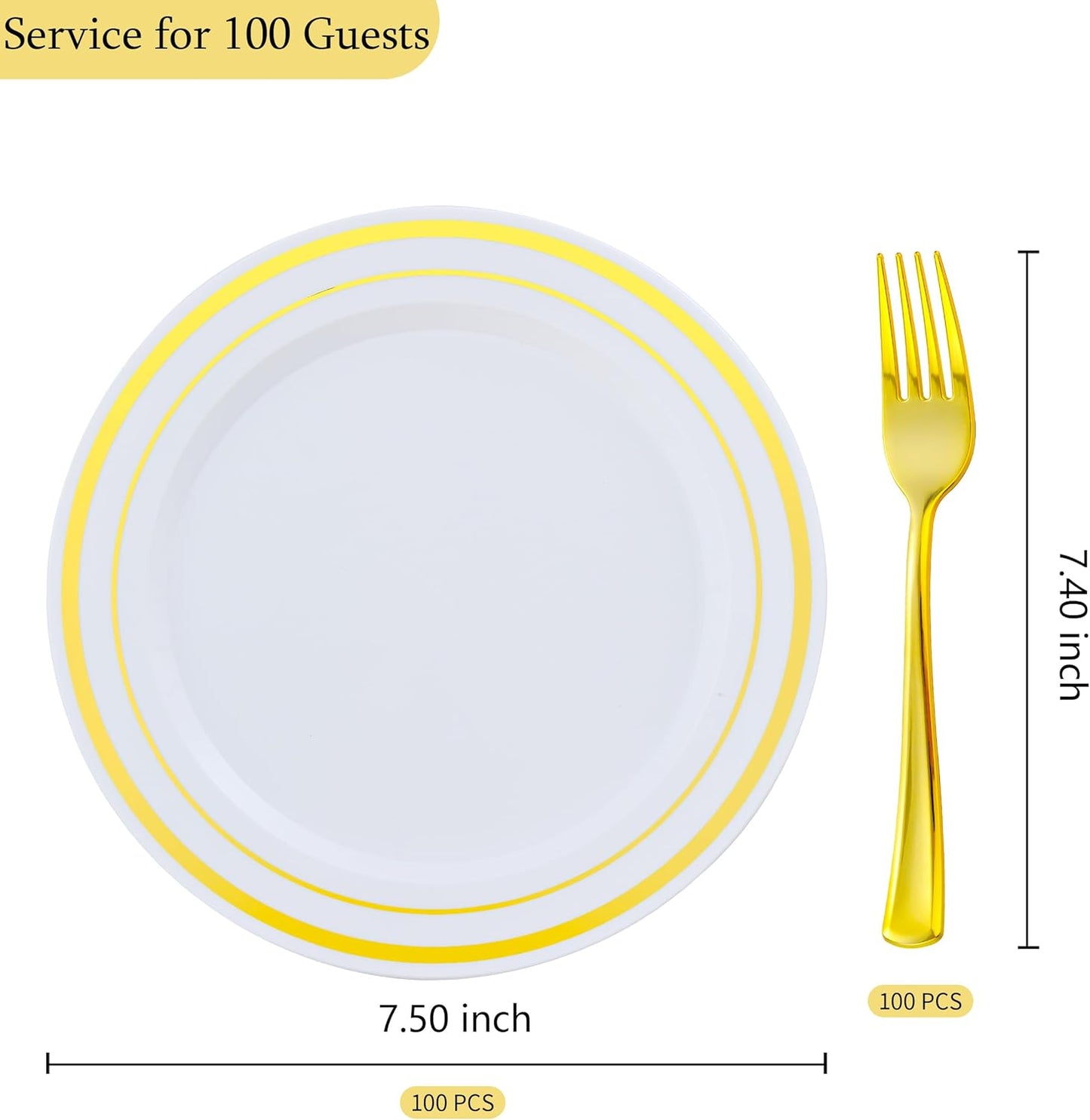 200pcs Gold Dessert Plates with Forks for 100 Guests-100pcs 7.5" Small Plastic Dessert Plates and 100pcs 7.4" Forks-Disposable Cake/Appetizer/Salad Plate for Wedding/Birthday/Party