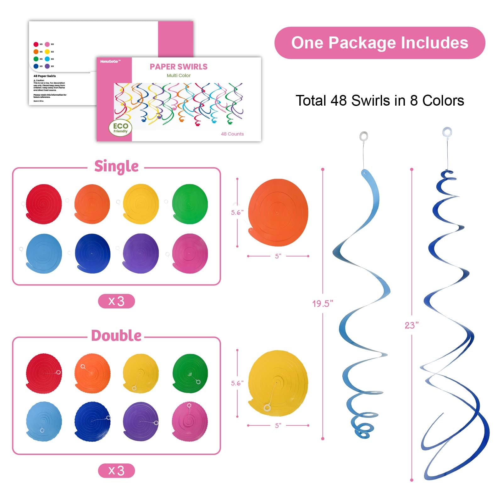 HonuGoGo 48‑Piece Multi-Color Paper Swirl Decorations – Hanging Party Swirls for Birthday, Baby
