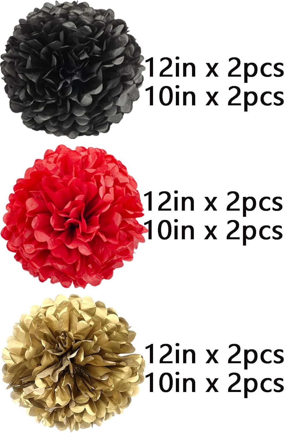 We Moment Black,Red and Gold Paper Pom Poms Decorations for Wedding Birthday Party Decoration Ceiling Wall Hanging Tissue Flowers Decorations 12pcs,3 Colors of 12 Inch, 10 Inch