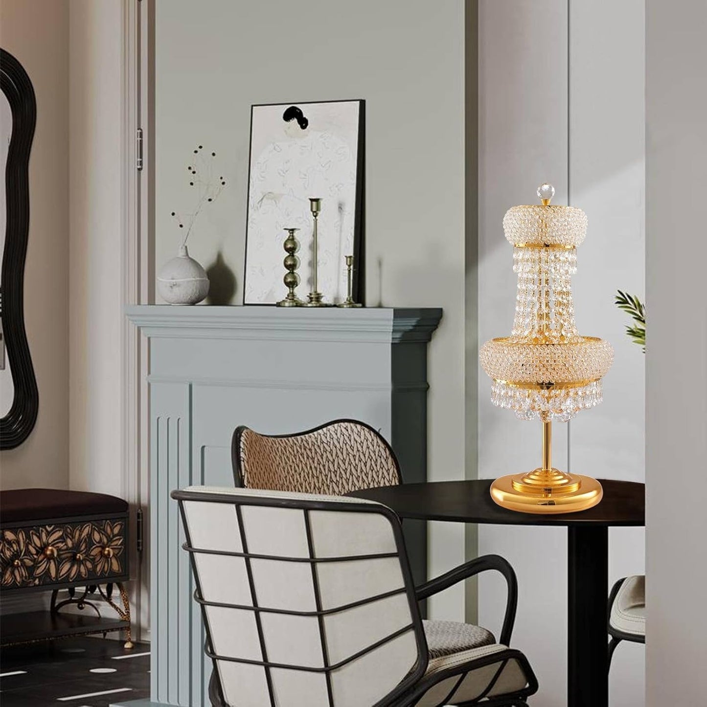 6-Lights Golden Finish Classic Empire Style K9 Crystal Ball Bedside Desk Table Lamp Night Light Fixture for Living Room Dining Room Bedroom Office Home Table Decoration (W 10 × H 22 inch)