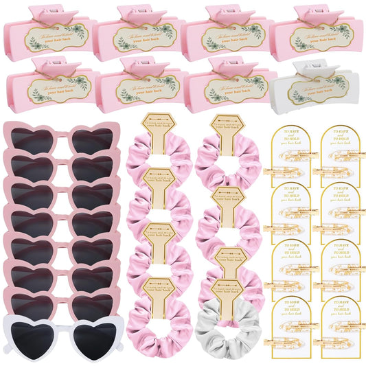 Pink Bridesmaid Gift Set for Proposal, 8PCS Hair Claw, Scrunchies, Makeup Clips & Heart Sunglasses – Bachelorette Party Favors, Bridal Shower & Teen Birthday Gifts