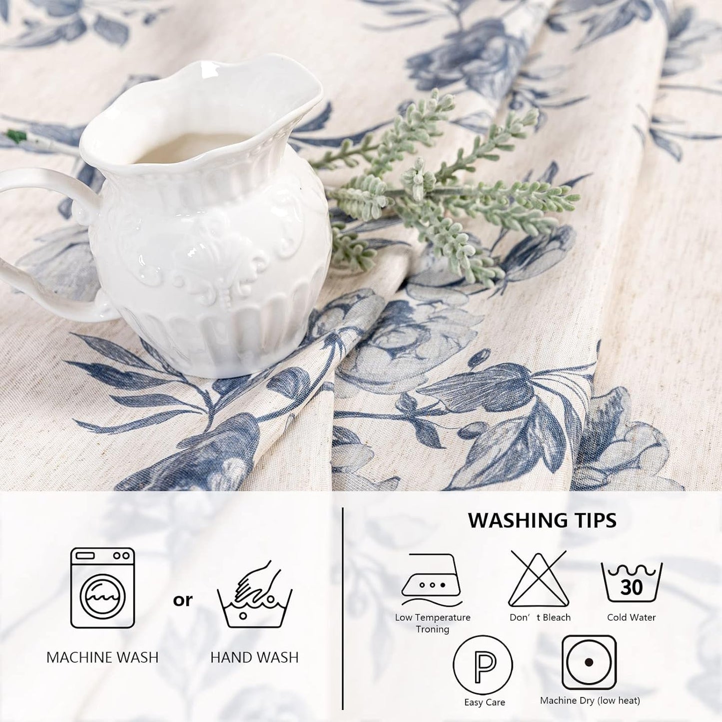 MYSKY HOME Rectangle Tablecloth 60x120 Inches, Linen Farmhouse Tablecloths Waterproof Decorative Fabric Table Cloth for Kitchen Party Floral Tablecloth for 8 Feet Table Blue and Grey Tablecloth