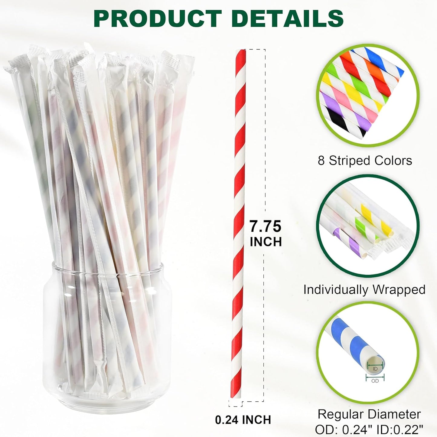 Individually Wrapped Disposable Paper Drinking Straws 7.75'' x 0.24'' - Colorful Stripes [400 Counts] - Eco-friendly Biodegradable