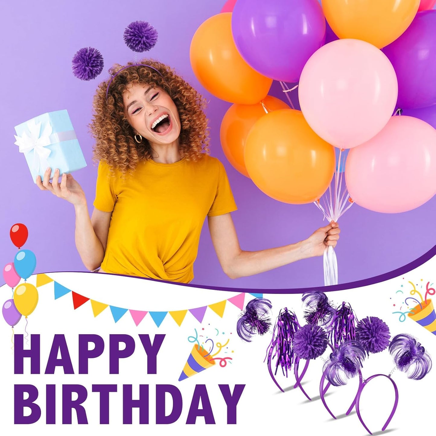 Censen 12 Pcs Halloween Pom Pom Party Headbands Tinsel Ponytails Spirit Head Bopper Headwear for Christmas Birthday Holiday