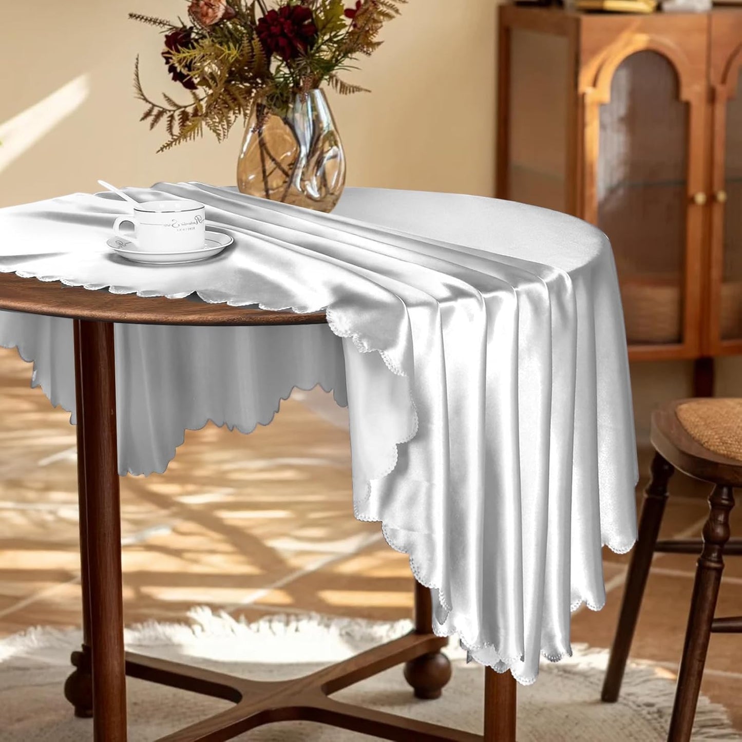 KKJIAF 1 Pack 60 Inch / 5ft Round Table Cloth, Silver Overlay Round Satin Table Cover, Silky Satin Dining Tablecloths for Wedding Buffet Parties Banquet Decoration