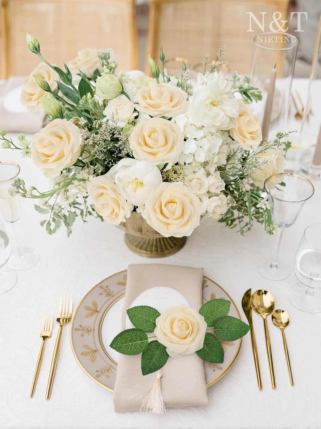 N&T NIETING Roses Artificial Flowers, 50pcs Fake Flowers Foam Roses for DIY Wedding Bridal Bouquet Baby Shower Party Cake Wall Decoration, Cream