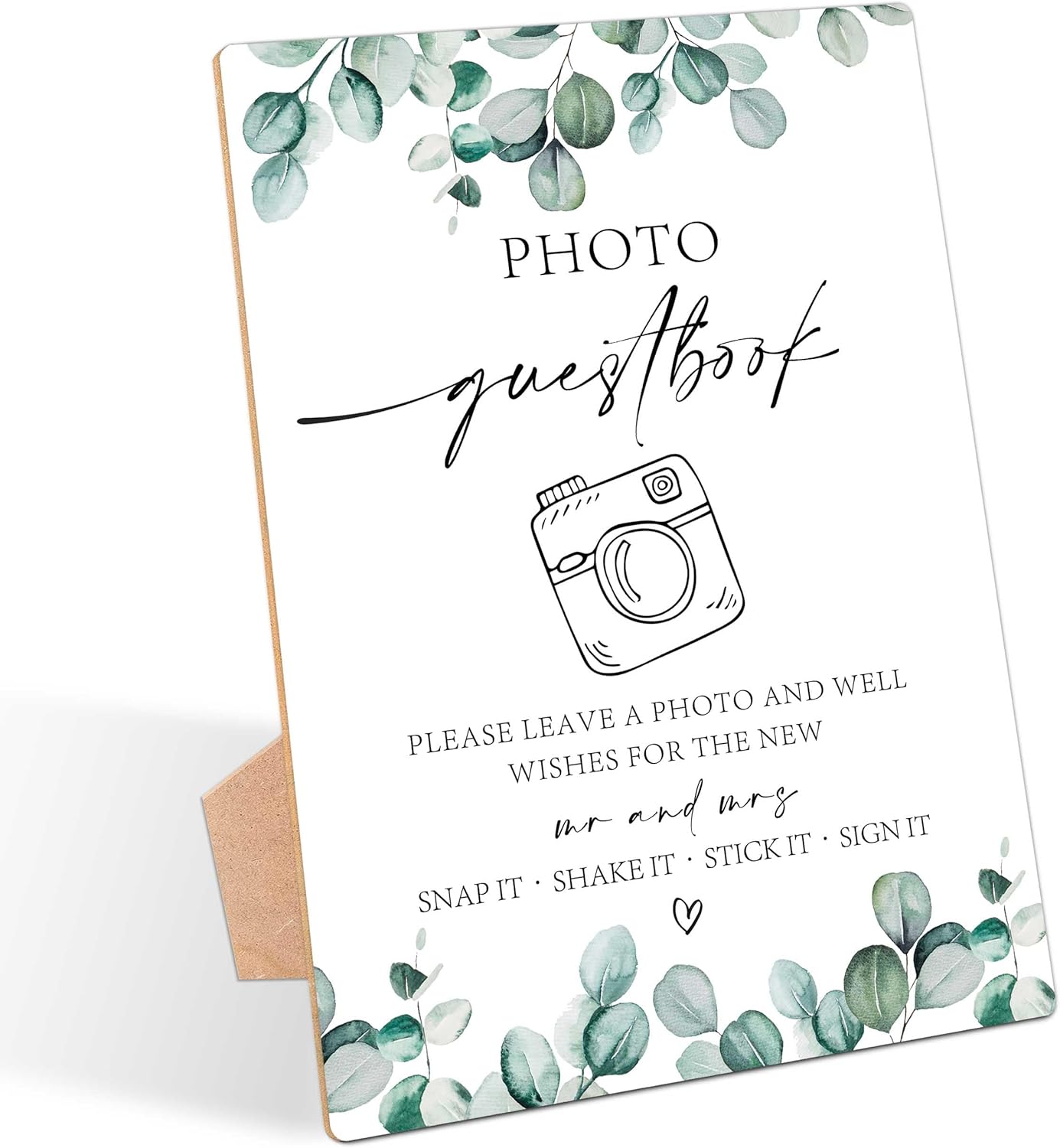 Photo Guestbook Sign, Greenery Wedding Ceremony, Pack of 1 Wooden Tabletop Sign with Stand, Wedding Supplies, Engagement and Reception Decorations - LD24