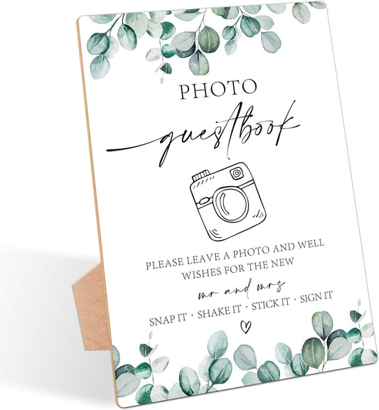 Photo Guestbook Sign, Greenery Wedding Ceremony, Pack of 1 Wooden Tabletop Sign with Stand, Wedding Supplies, Engagement and Reception Decorations - LD24
