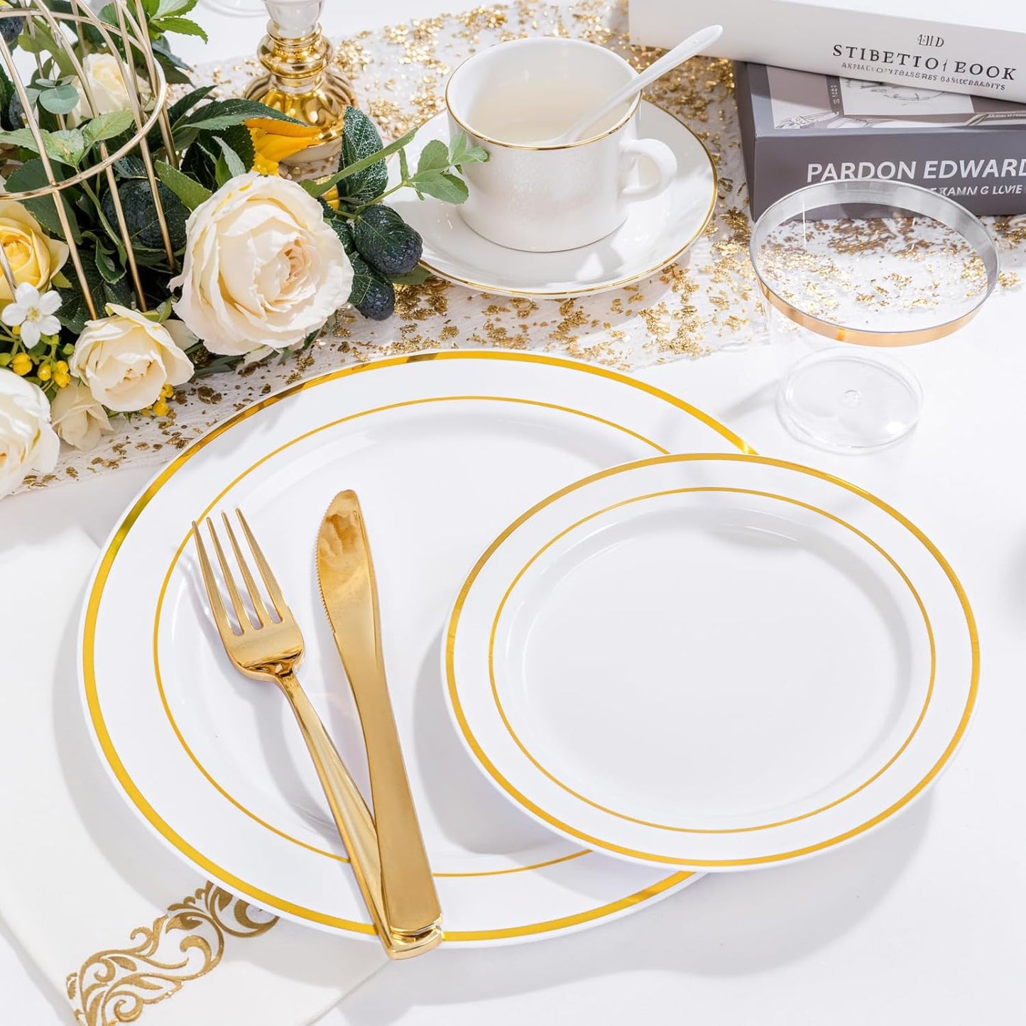 NOCCUR 700PCS Gold Disposable Dinnerware Set for 100 Guests - Plastic Plates for Party - Include 200 Gold Dinner/Dessert Plates, 100 Napkins, 100 Cups, 300 Plastic Silverware - Ideal for Wedding&Party