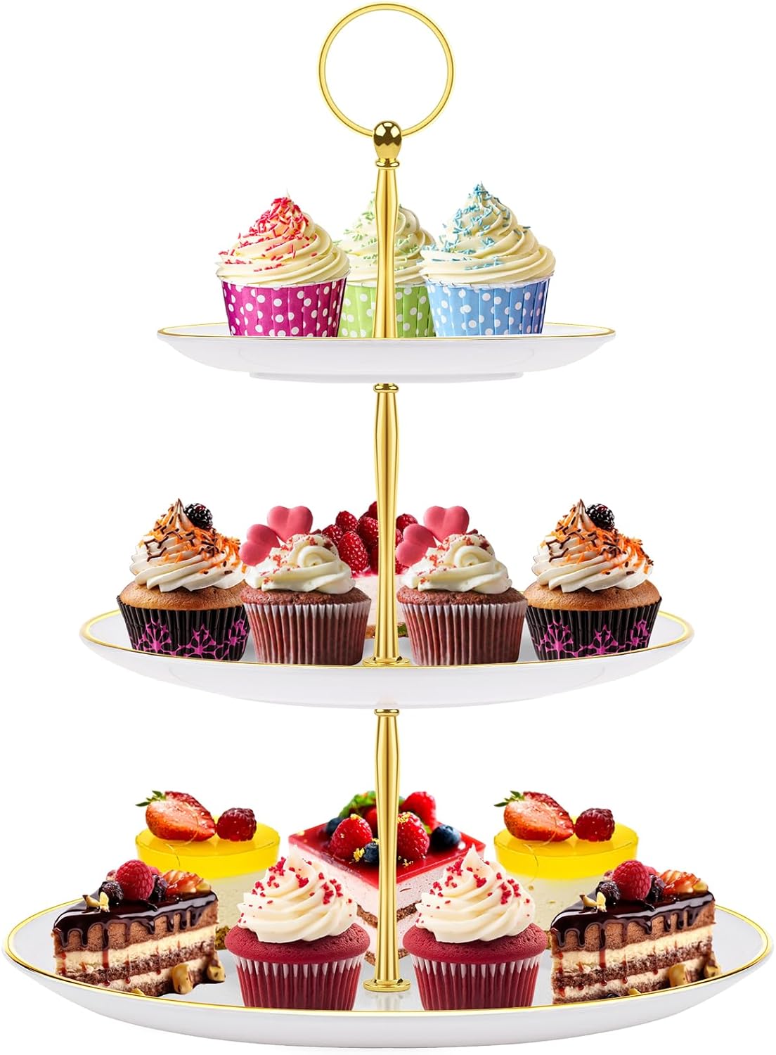 PinCute Cupcake Stand Holder - 3 Tier Cup Cake Dessert Tower, Plastic Tiered Serving Tray&Metal Rod for Birthday Party, Baby Shower and More