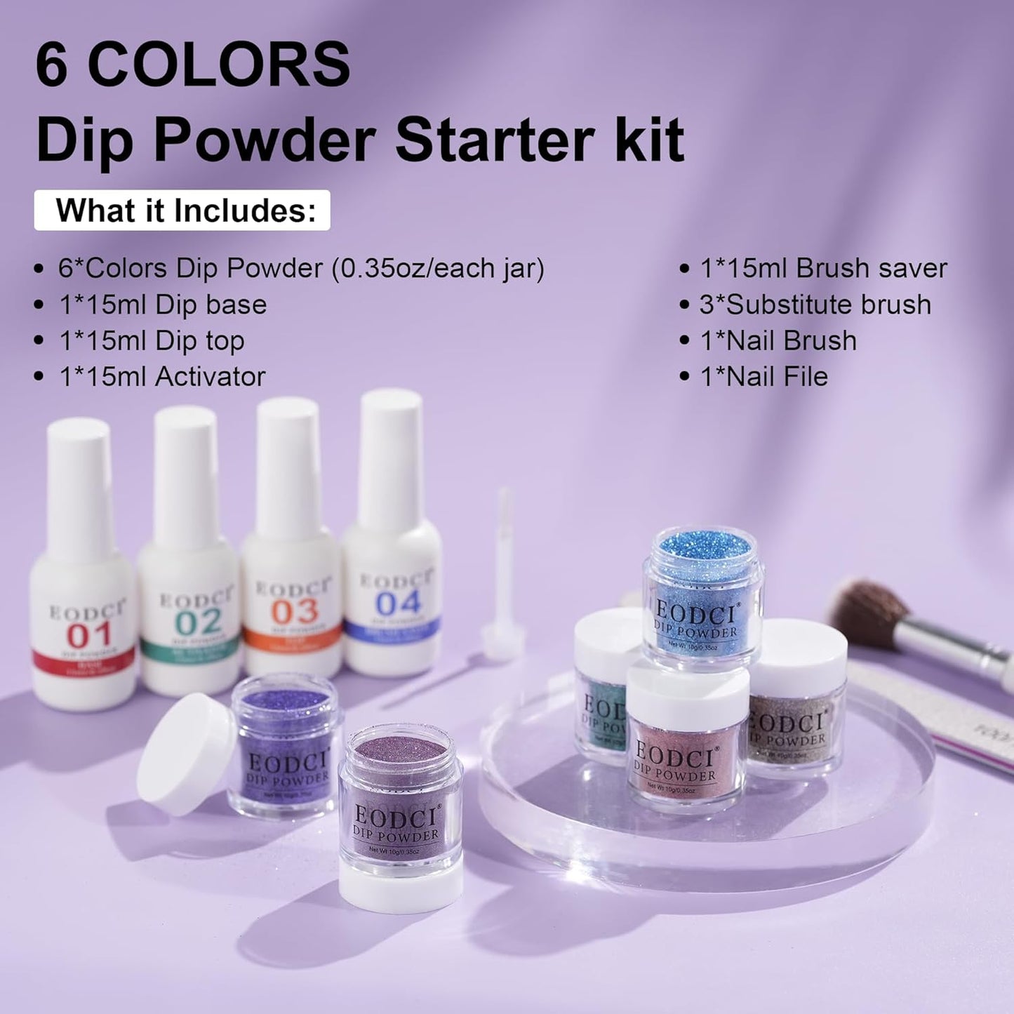 12 Pcs Dip Powder Nail Kit Starter, 6 Colors Glitter Blue Starry Green Sparkle Purple Dipping Powder Kit with Base & Top Coat, Nail Art Dip Manicure Kits for Women