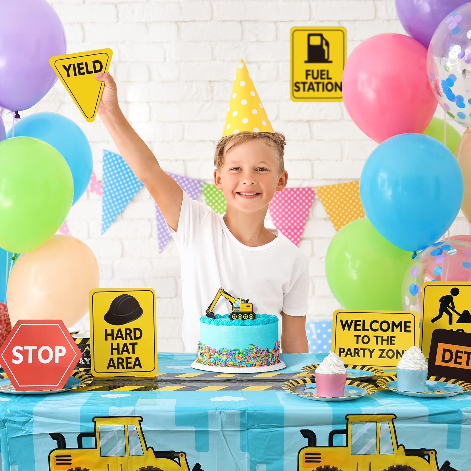 WERNNSAI 12PCS Construction Party Decorations Truck Wall Decor Road Signs