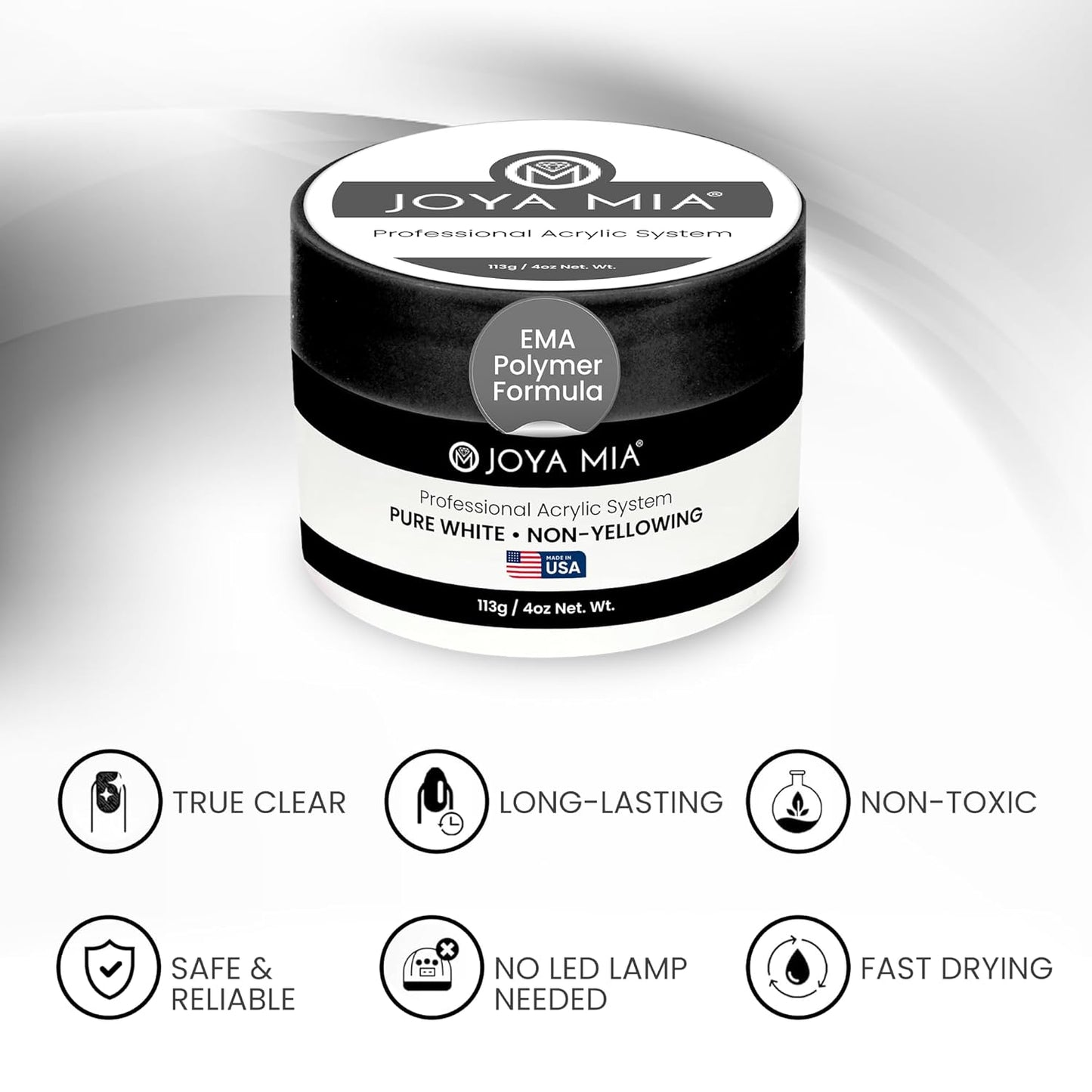 Joya Mia Acrylic Powder for Nails, MMA-Free, Super Adhesion Professional Powder for Flawless & Long-Lasting Nail Enhancements, Easy Application, Vibrant & Stunning Colors - Pure White, 4 oz