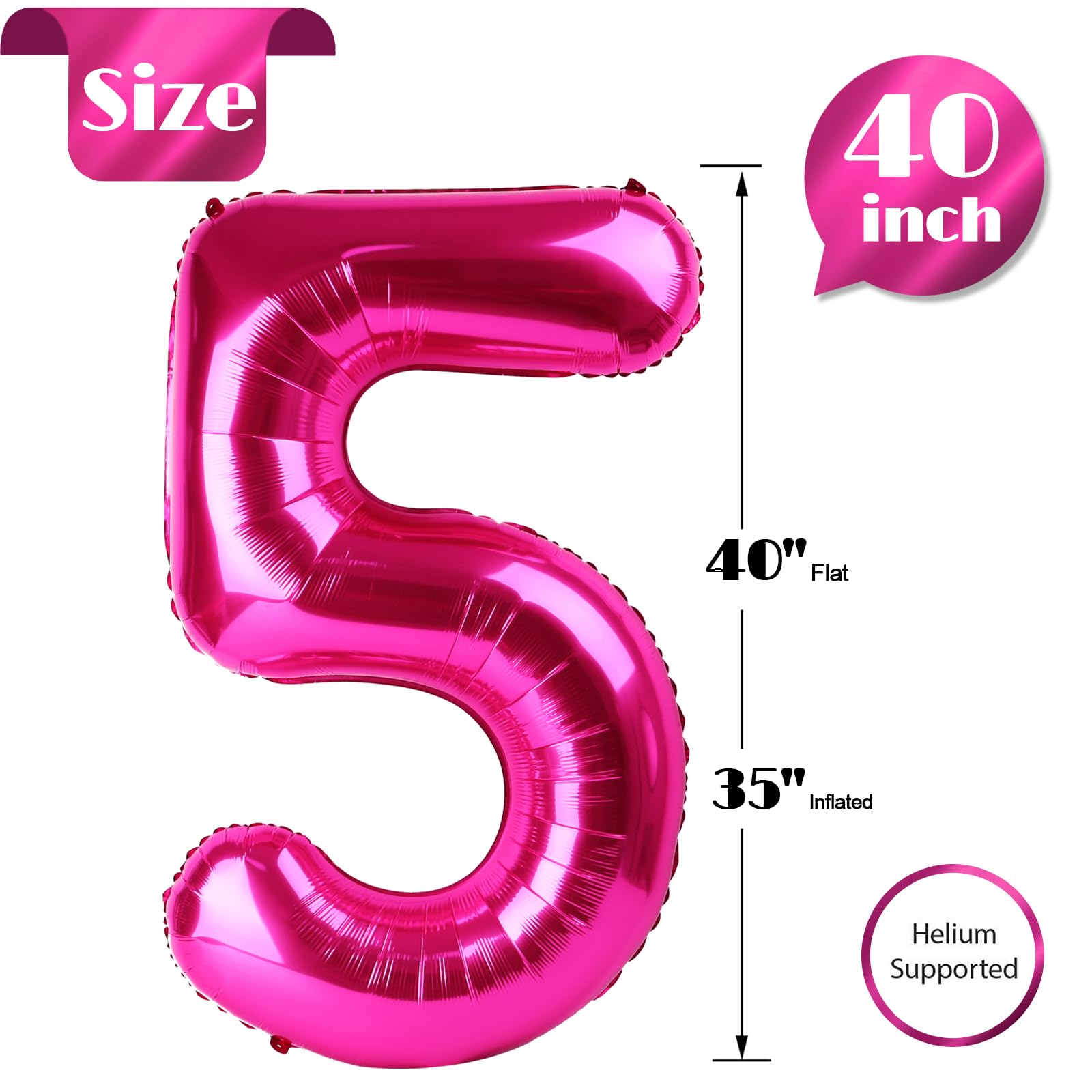 Hot Pink 5 Balloon - Number Balloon 40 Inch, 5th Hot Pink Decorations