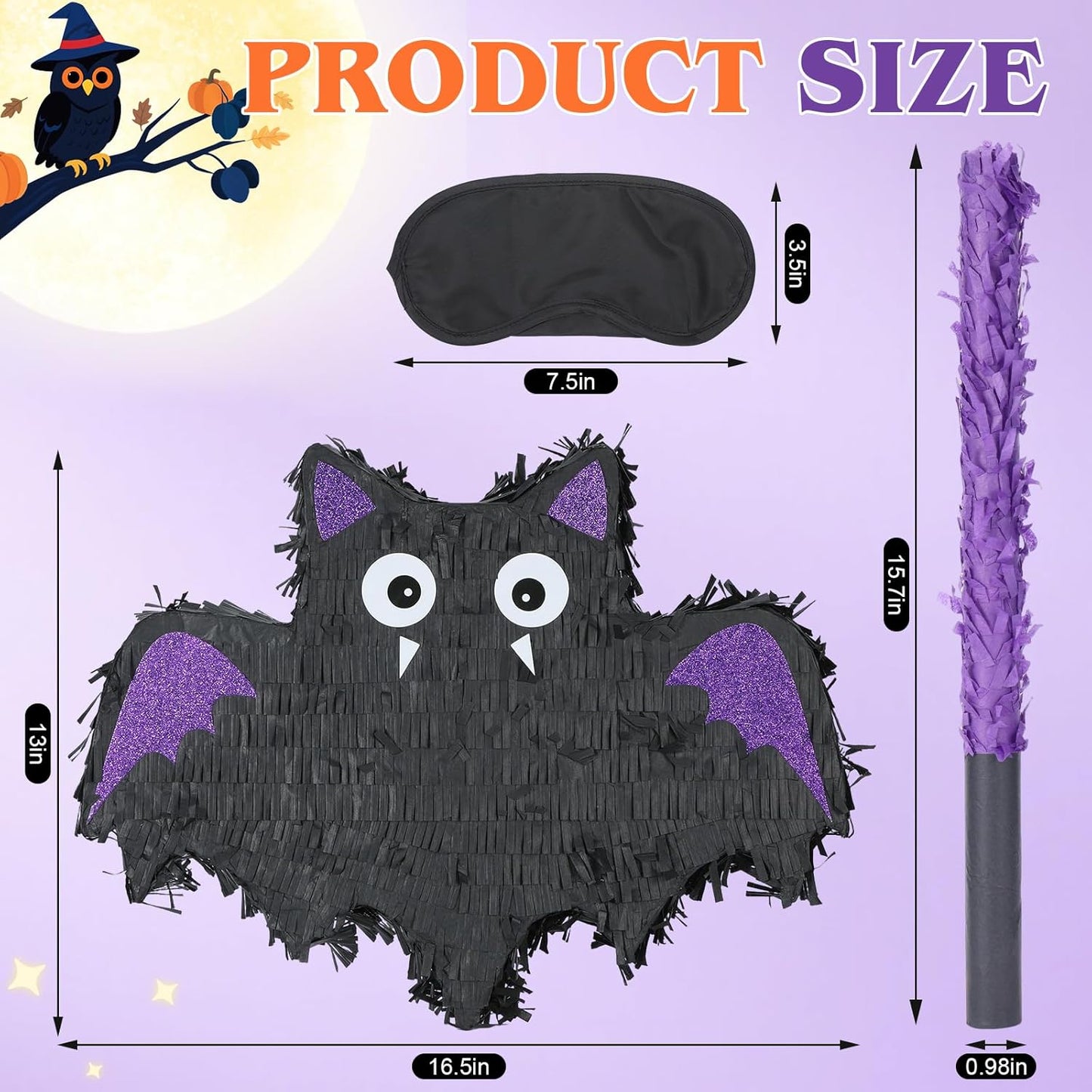 Halloween Bat Pinatas Bundle with a Blindfold and Bat (16.5 x12.6x4 Inches), Halloween Party Decoration Supply, Purple Bat Piñata, Birthday Theme Party Games