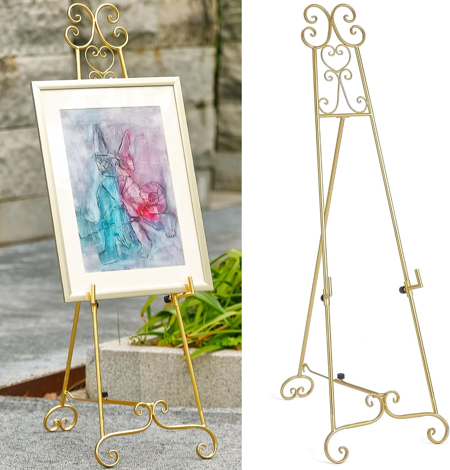 Metal Large Free Standing Adjustable Display Stand Scroll Easel with Chain Support, Gold Easel Stand for Sign, Heavy Duty Easel for Mirror, Wedding, Picture Frame (No Installation Required)
