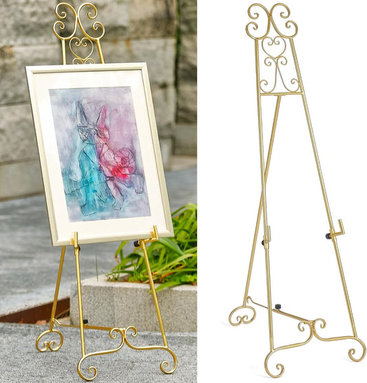 Metal Large Free Standing Adjustable Display Stand Scroll Easel with Chain Support, Gold Easel Stand for Sign, Heavy Duty Easel for Mirror, Wedding, Picture Frame (No Installation Required)
