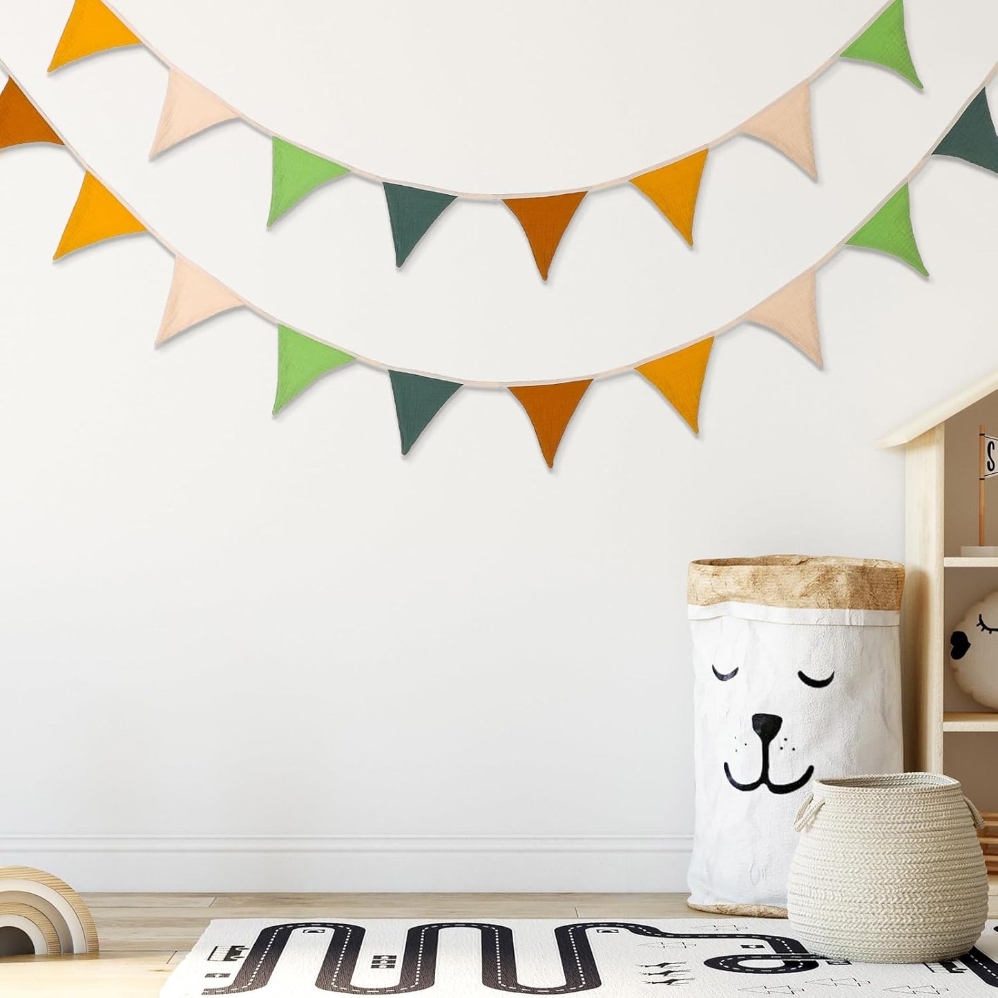 Oudain 15.5 ft Pennant Banner Flags, 2 Pcs Nursery Garland Triangle Bunting Flag Baby Banner for Nursery Decor Baby Birthday Boho Wedding Shower Party Event, Each 7.75 ft(Retro Forest Color)