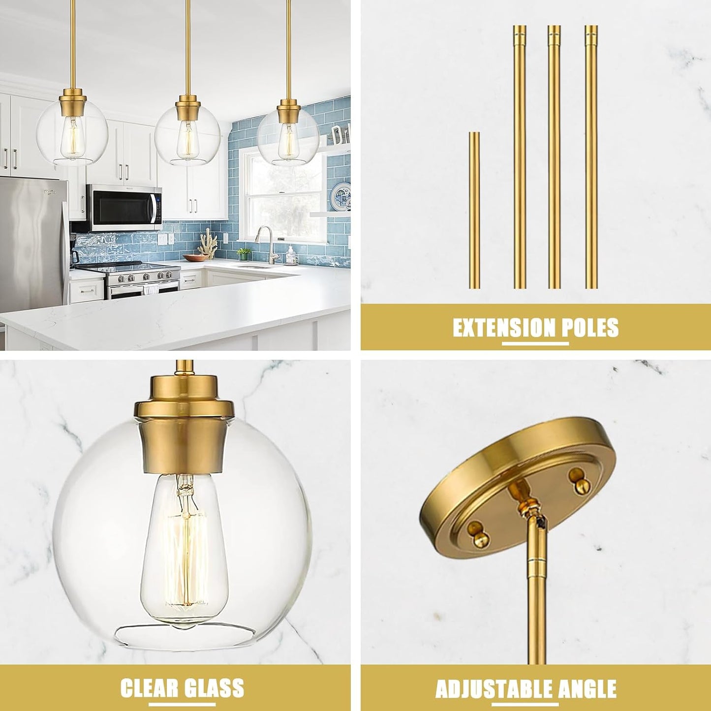 Globe Pendant Lights Kitchen Island, Farmhouse Gold Pendant Light with Clear Glass Globe Shade, Adjustable Hanging Light Fixture for Dining Room, Entryway & Over Sink Lighting