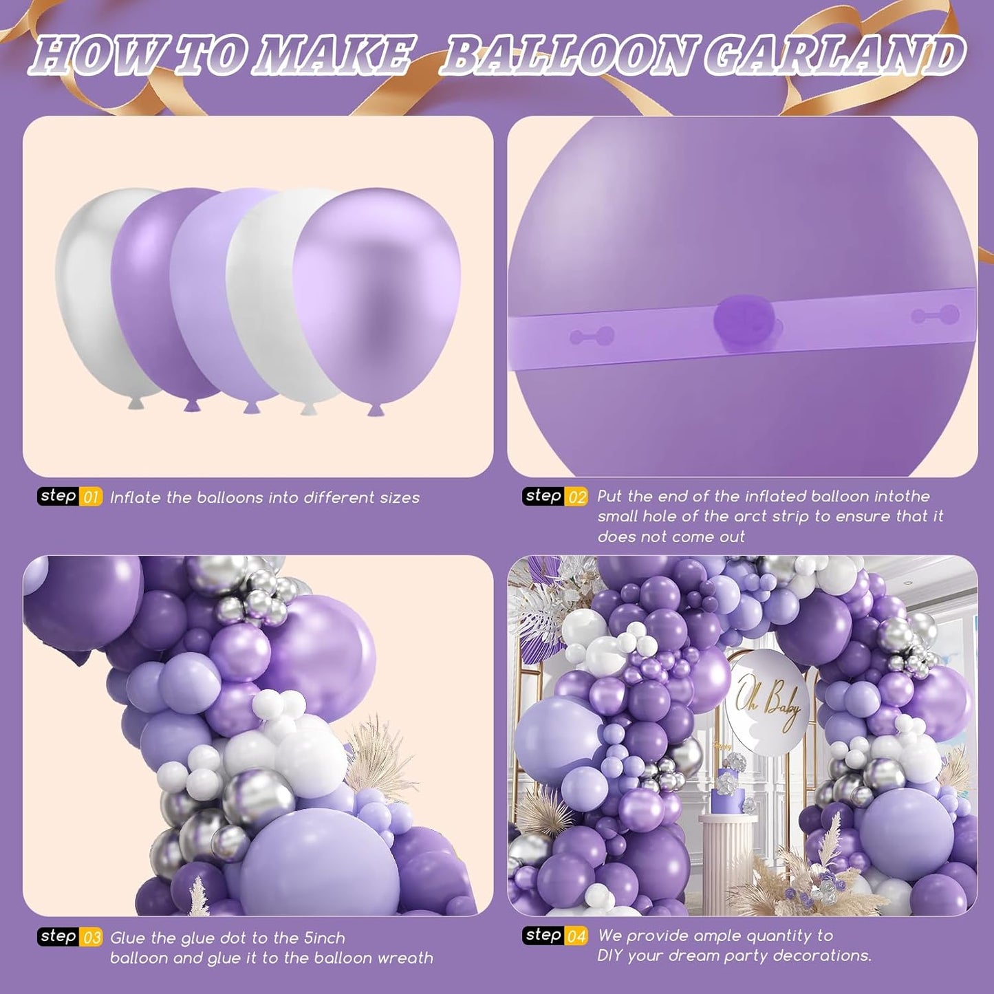 412Pcs Purple Balloon Garland Arch Kit,18 12 10 5 Inch Different Size Lavender Latex Metallic Silver Balloons for Butterfly Birthday Girls Women Wedding Birthday Baby Shower Party Decorations