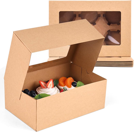 HANSGO 6 PCS Cupcake Boxes, 9.5x6.3x3.5 Inch Cupcake Containers Brown Pastry Boxes with Inserts 6 Holders for Muffins Pastry Strawberry, Party Supplies
