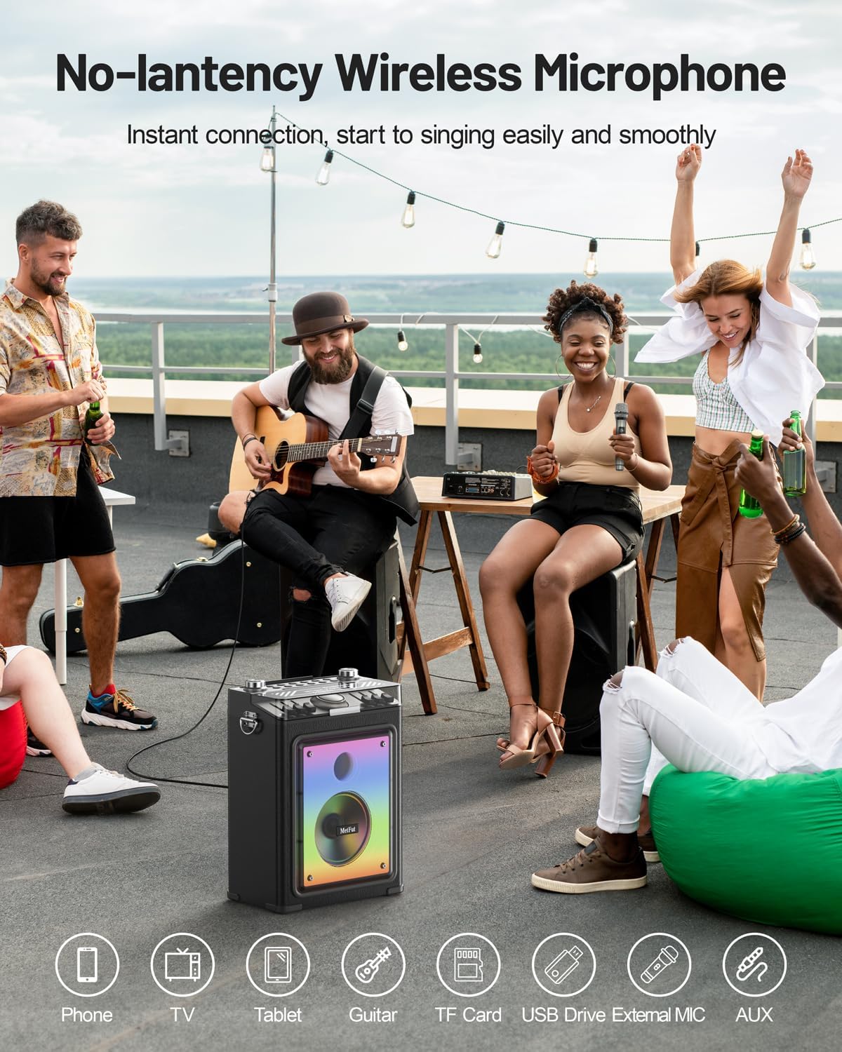 Karaoke Machine for Adults with 2 Wireless Microphones, Professional Bluetooth 5.3 Speaker, Portable Wooden Karaoke System with Bass/Treble Adjustable for Backyard, Home Party-Orange