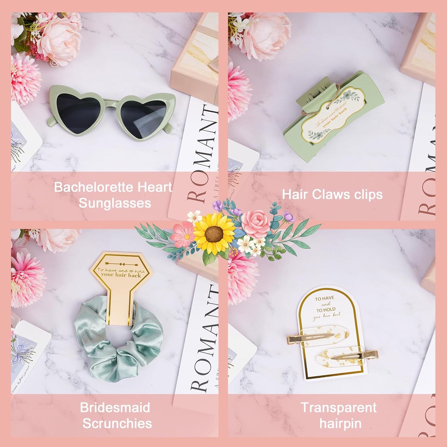Sage Green Bridesmaid Gifts for Proposal, 6PCS Girls Gift Set with Hair Claws, Scrunchies, Makeup Clips & Heart Sunglasses, Wedding Bachelorette Party Favors, Birthday Gifts for Women Teens