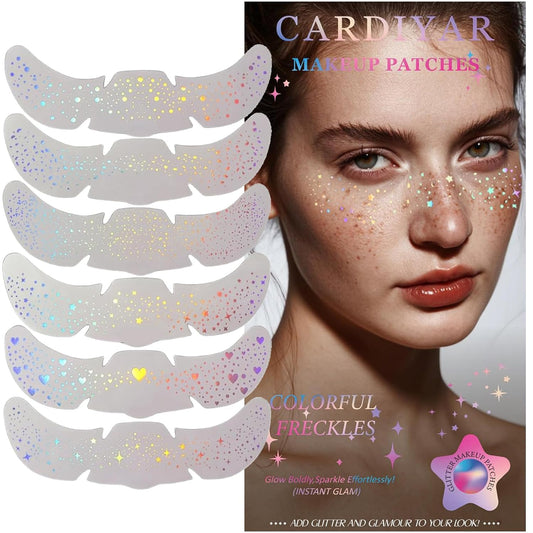 Glitter Freckles, 24PCS Glitter Freckles Face Tattoo, Sparkle Freckles for Women, Waterproof Gold Temporary Face Tattoos Glitter Glow Up Patches Makeup Patches (Holographic 6pcs)