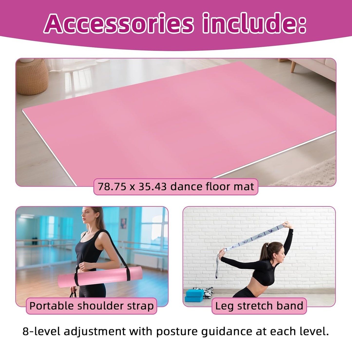 Dance Floor Mat Non-Slip with Shoulder Strap Portable and Dance Resistance Band, Dance Floor for Ballet,Jazz, Pop Thick PVC Practice Floor Reusable Mat (Pink, 180cm*90cm*0.35cm)