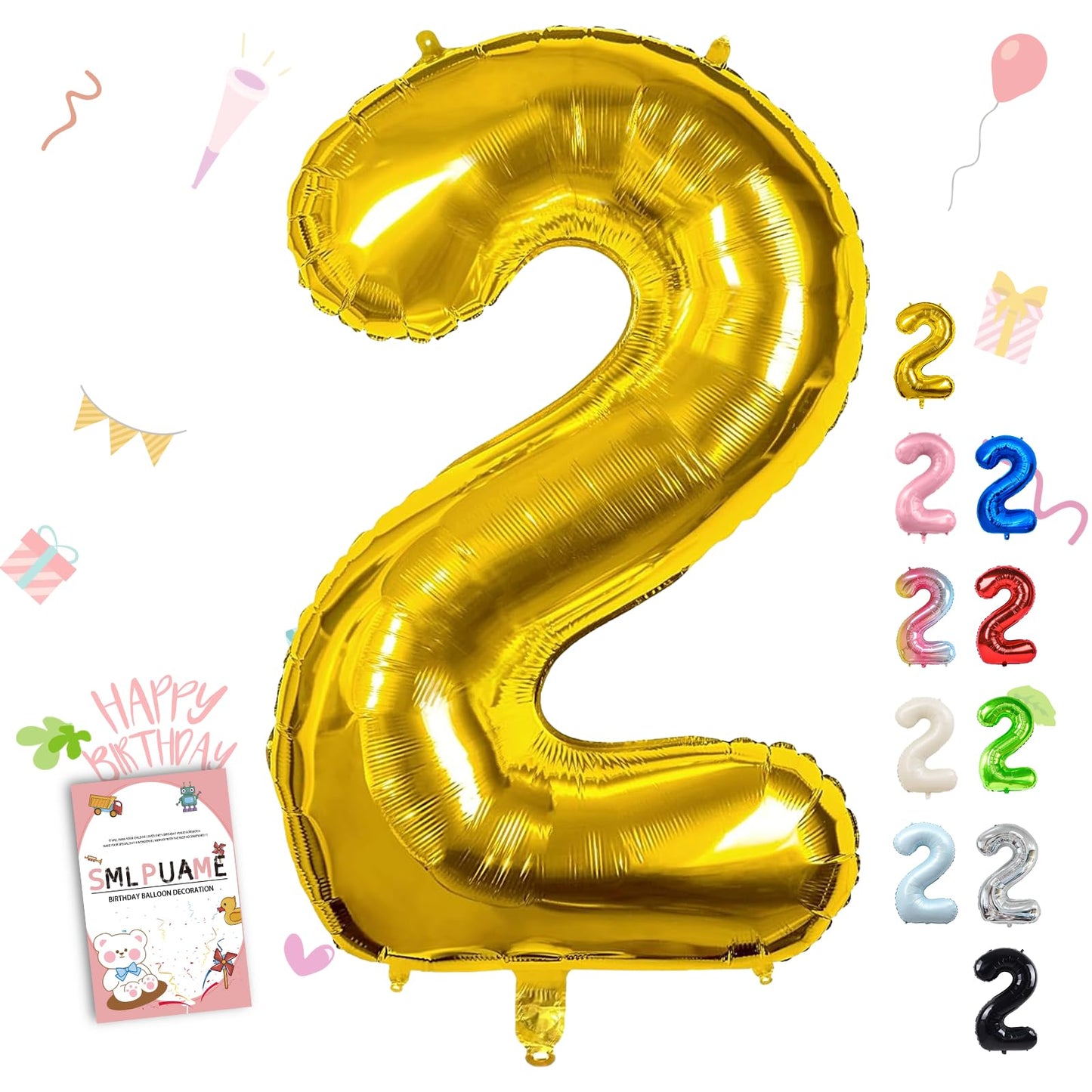 Smlpuame 40 Inch Gold Number 2 Balloon, 2nd Birthday Decoration Boys Girls