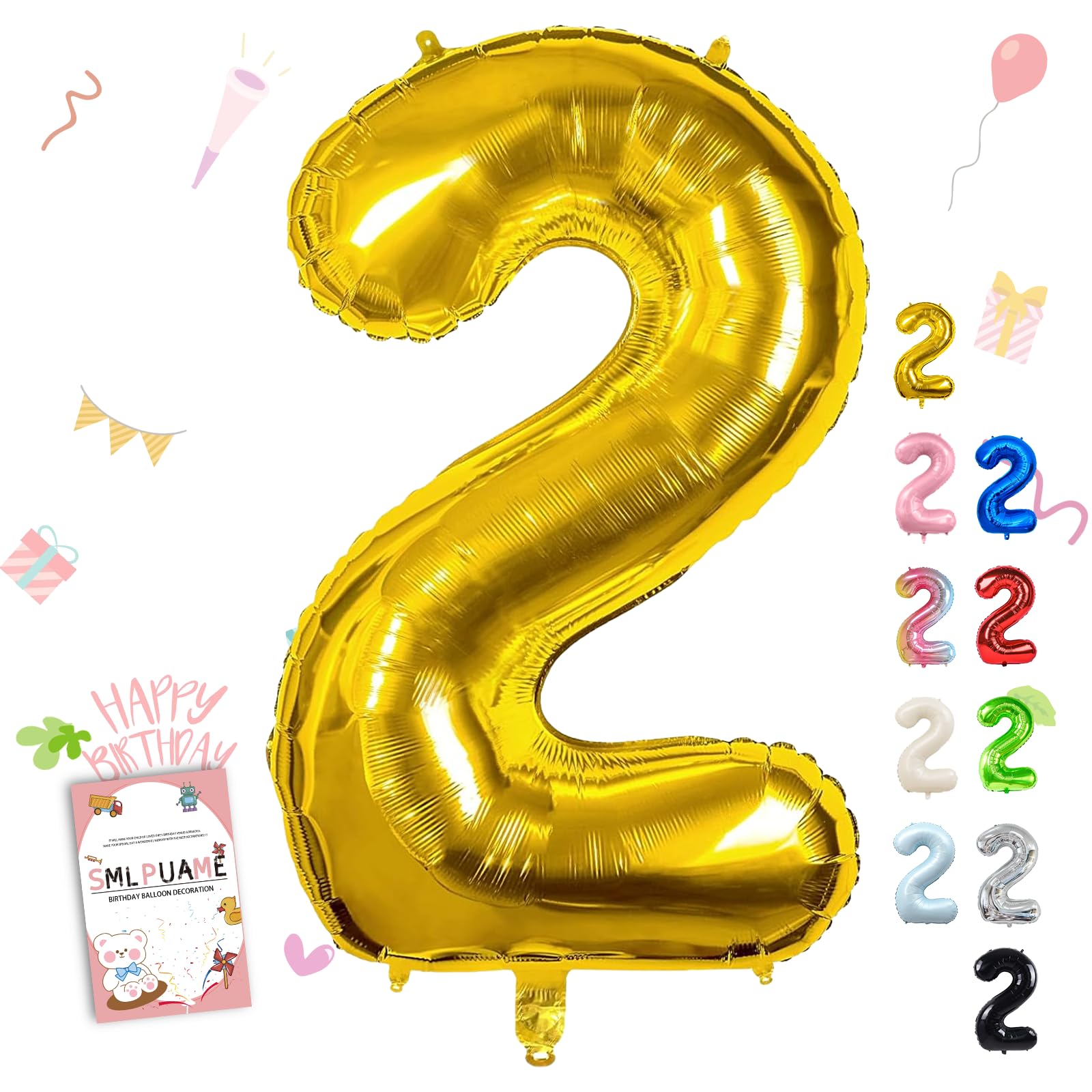 Smlpuame 40 Inch Gold Number 2 Balloon, 2nd Birthday Decoration Boys Girls