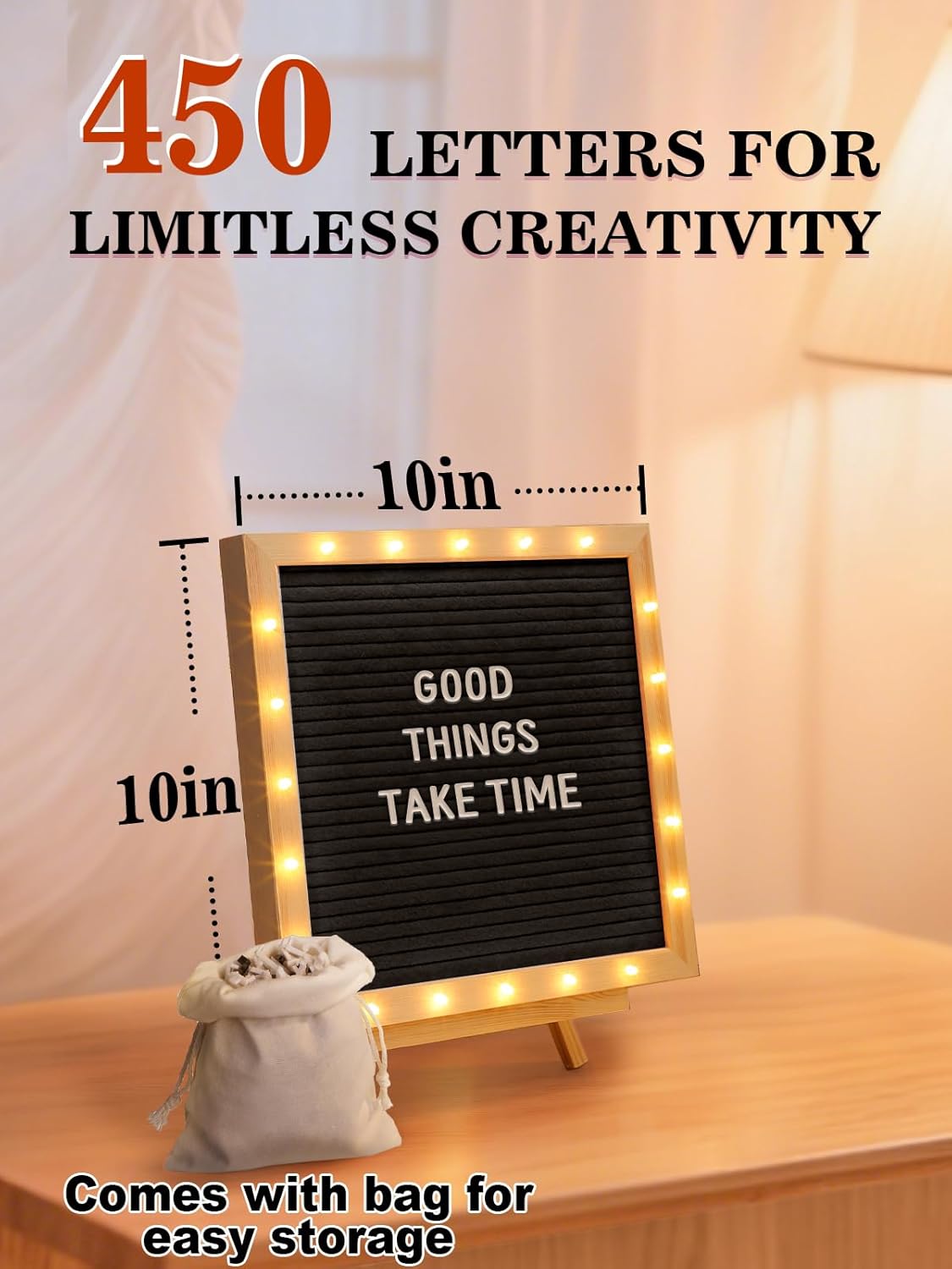 Light up Changeable Felt Letter Board Sign with LED Lights - 10×10" Message Board & Wood Stand & 450 Letters, for Halloween/Birthday/Event/Pregnancy/Baby Announcement/Home Wall Decor Gifts, Black