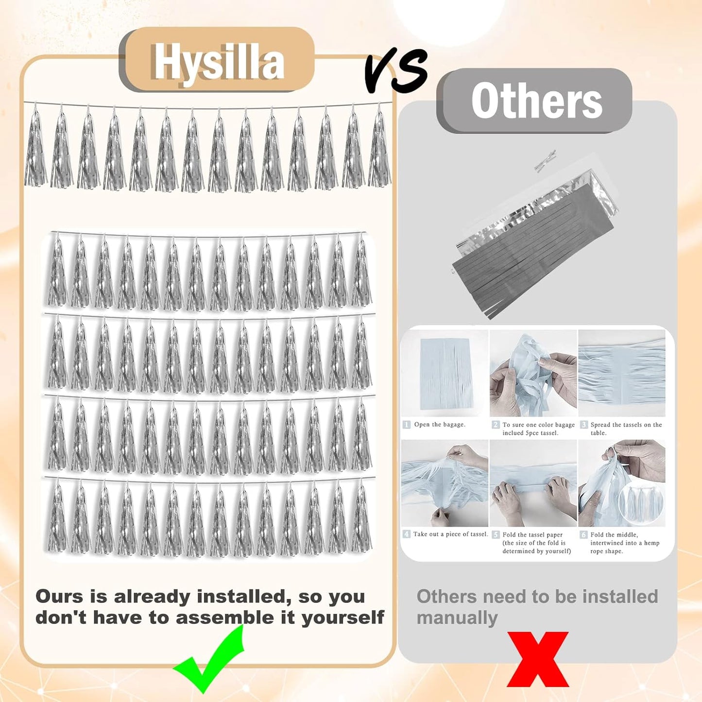 8P Silver Foil Fringe Metallic Tassel Streamers Banner Tassel Garland for Parade Floats, Bachelorette, Wedding, Birthday, Halloween, Christmas, Bridal/Baby Shower Party Decorations