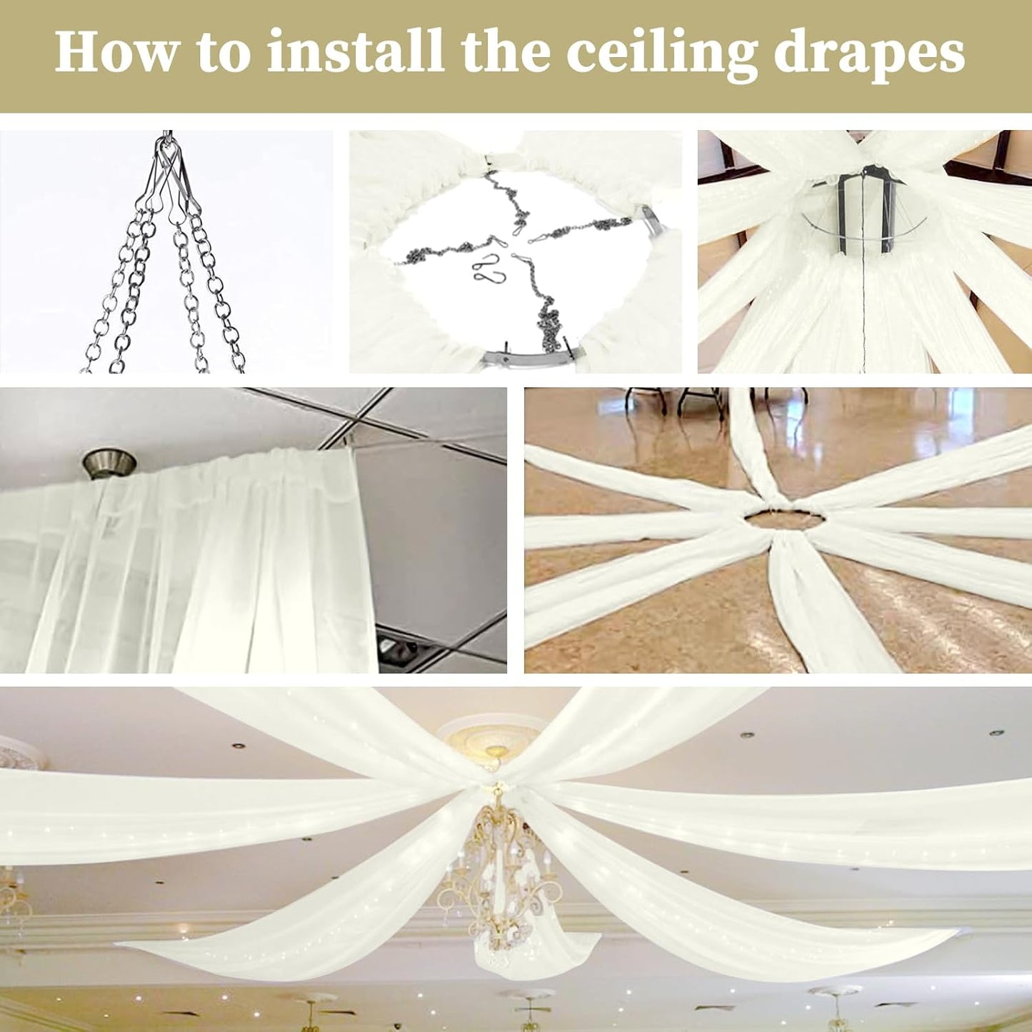 6 Panels Ivory Ceiling Drapes for Wedding 5ftx20ft Chiffon Fabric Arch Draping Curtains Sheer Drapery for Party Ceremony Birthday Baby Shower Reception Stage Swag Ceiling Decorations