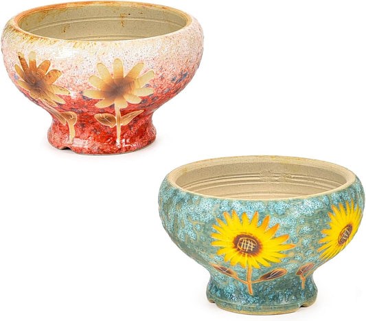 Sungmor Small Succulent Planters Set of 2, Beautiful Hand Crafted Ceramic Plant Pots Cute Cactus Pot, 6.5 Inch Flower Pots for Indoor Plants with Drainage, Desktop Windowsill Home Office Decor Pots