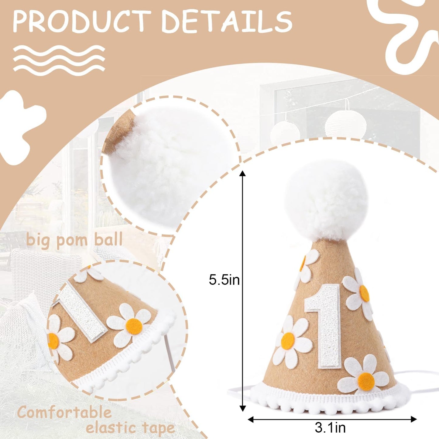 WAWUO Sweet Daisy Themed Birthday Hat - Party Decorations for Baby Girl or Boy's First Birthday