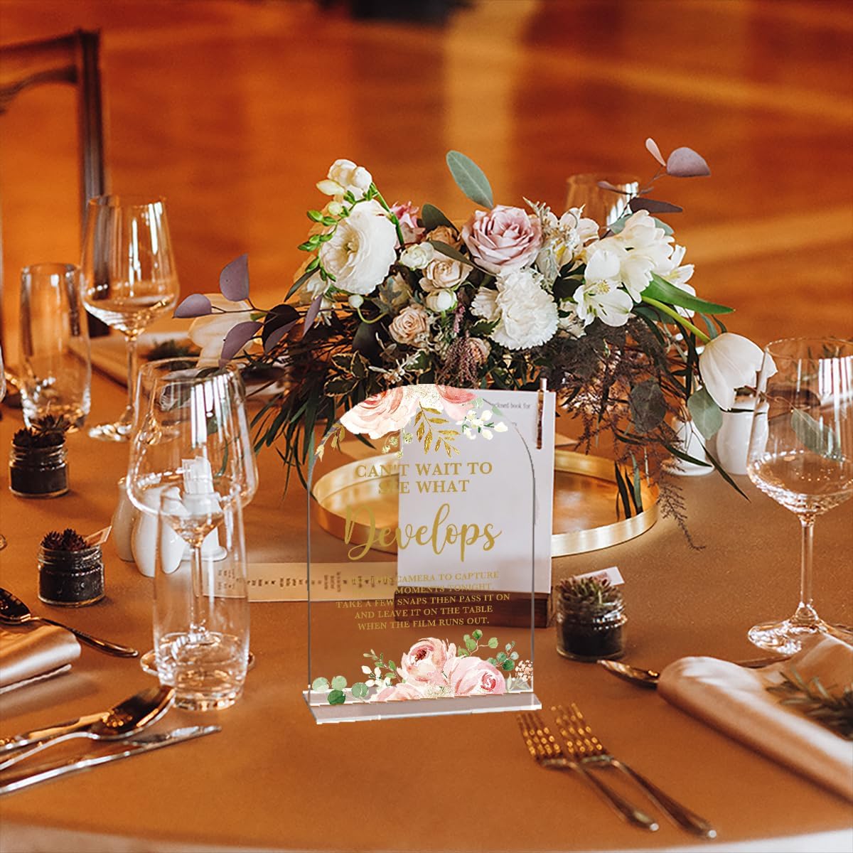 Acrylic Wedding Signs, Bridal Shower Decorations, Modern Calligraphy Arch Acrylic Table Top Sign for Wedding Reception and Engagement Parties - Can't Wait to See What Develops (Clear Pink Flowers)