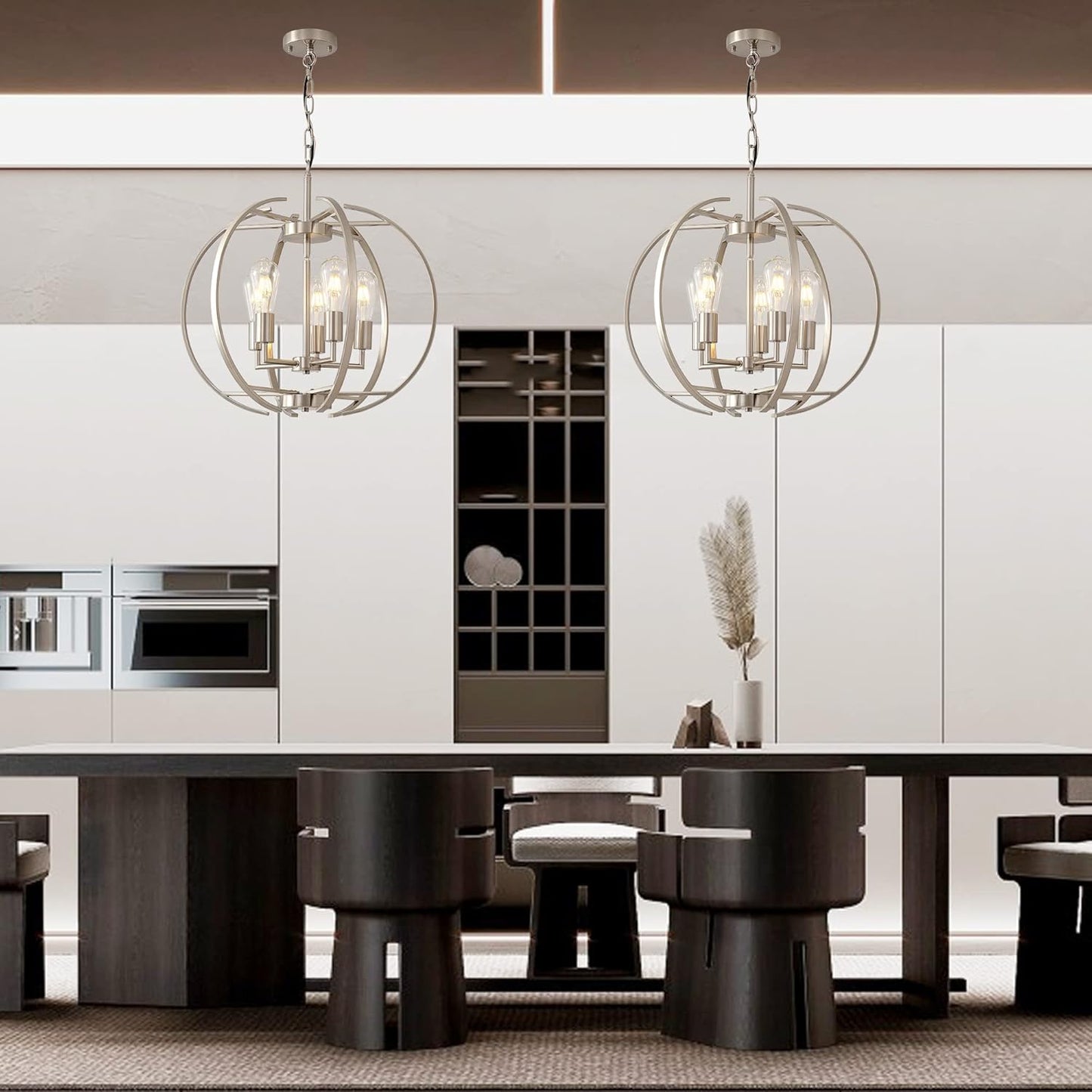 Large Lantern Globe Brushed Nickel Chandelier Lighting, Adjustable Hanging Ceiling Pendant 5 Light for Kitchen, Dining Room, Living Room, Hallway, Bedroom