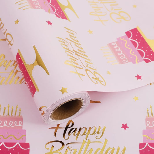 Aimyoo Pink Birthday Wrapping Paper Roll - 17 Inch X 32.8 Feet - Gold Foil Celebration Cake, Happy Birthday Lettering Design Gift Wrap for Kids, Baby Showers