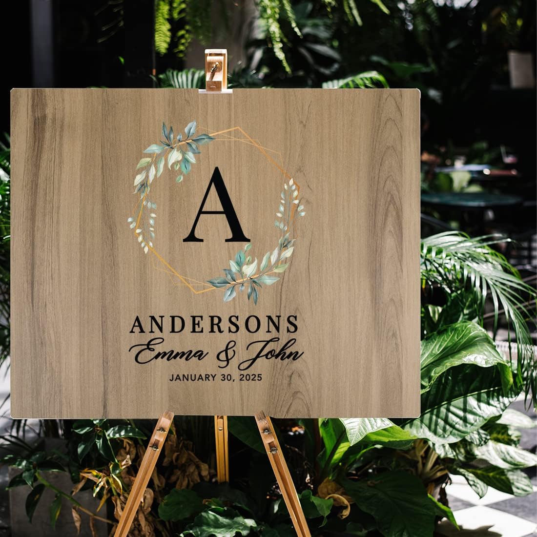 Andaz Press Large Wooden Welcome Sign for Wedding Rustic Welcome Sign 16" x 20" Custom Names & Date Geometric Greenery Fall Wedding Signage English Oak MDF Wood Finish Reception Indoor Outdoor Sign