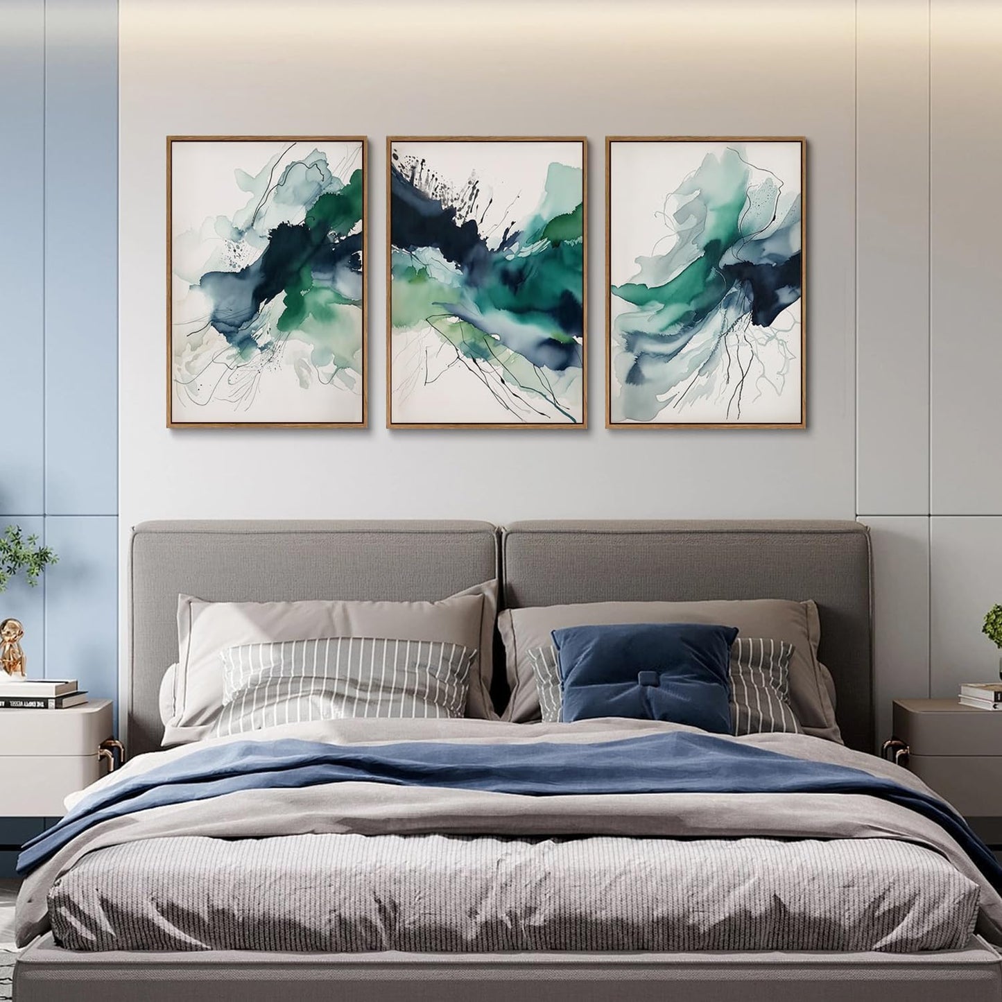myusuar 3 Piece Large Abstract Framed Wall Art For Living Room, Smoke Texture Ink Emerald Green Canvas Wall Art Modern Minimalist Art Prints Wall Décor For Bedroom Office 16x24in