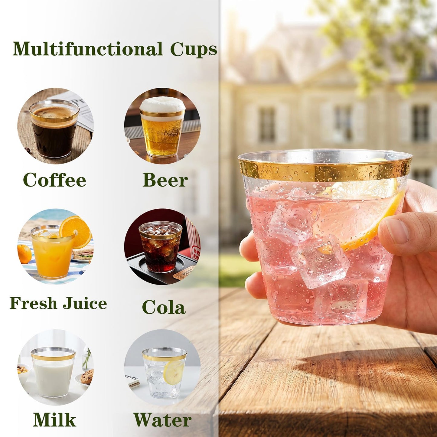 I00000 200 Pack Gold Plastic Cups, 9 Oz Elegant Clear Plastic Cups Gold Rimmed Disposable Wine