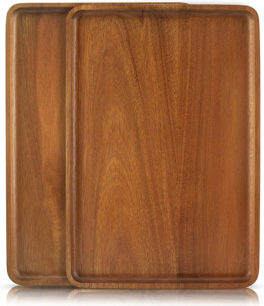 2 PCS 13 x 9 in Solid Acacia Wood Serving Trays Rectangular Wooden Serving Platters Natural Wooden Boards for Bar Coffee Party