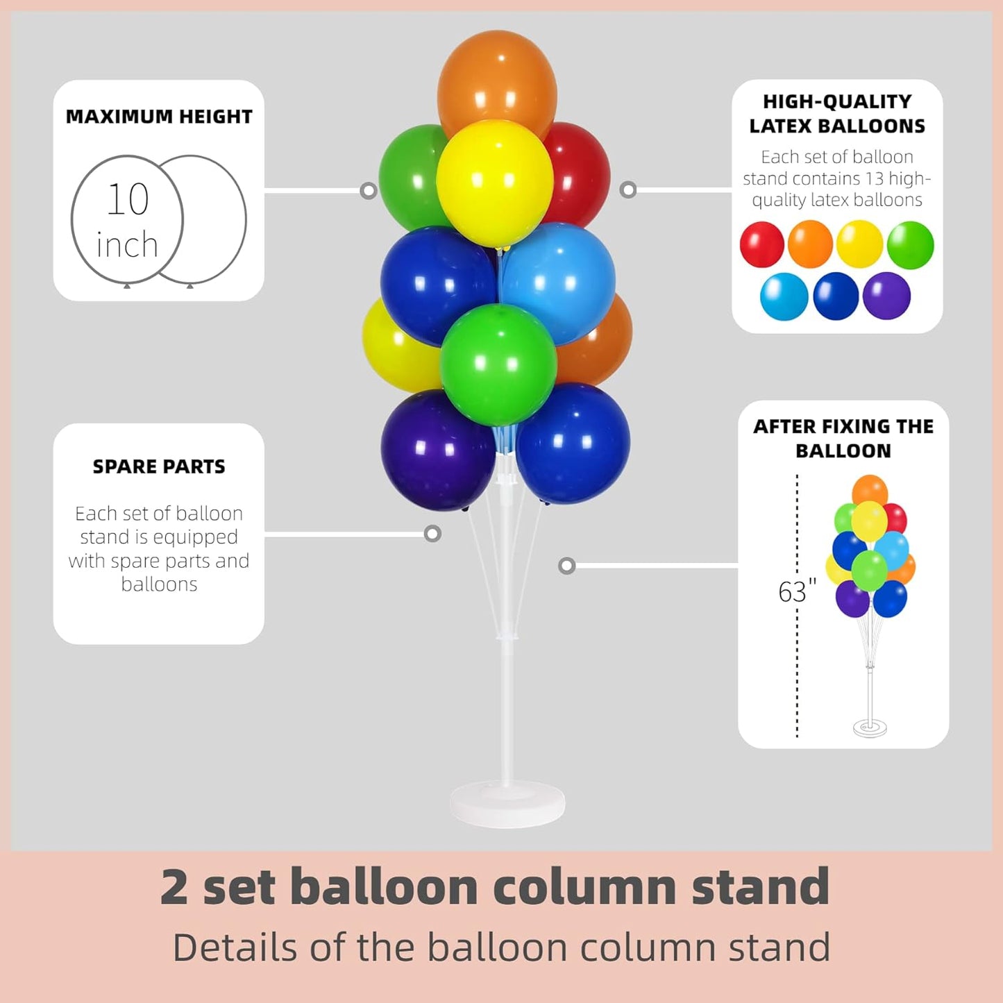 Balloon Column Kit Set of 2 With Assorted Rainbow Balloons Included - Balloon Tower with Stand, Base, and Pole,Backdrop Decoration for Wedding, Baby Shower, Birthday Party, or Bachelorette Parties