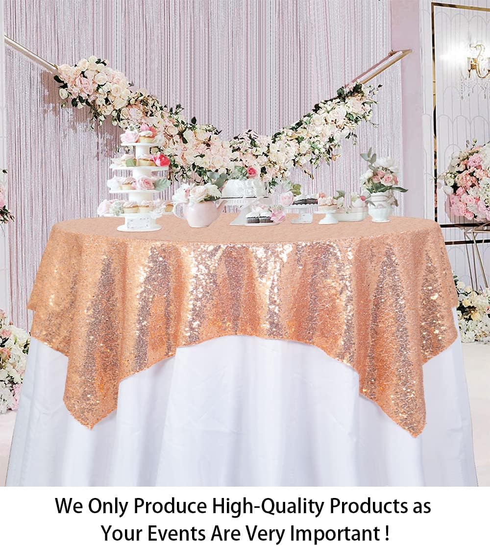 ShinyBeauty Square Tablecloth 72x72-Inch Sequin Tablecloth Overlay Rose Gold Table Cover Sequined Table Cloths for Wedding Rose Gold Shimmer Tablecloth Linen Square Overlay for Cocktail/Cake
