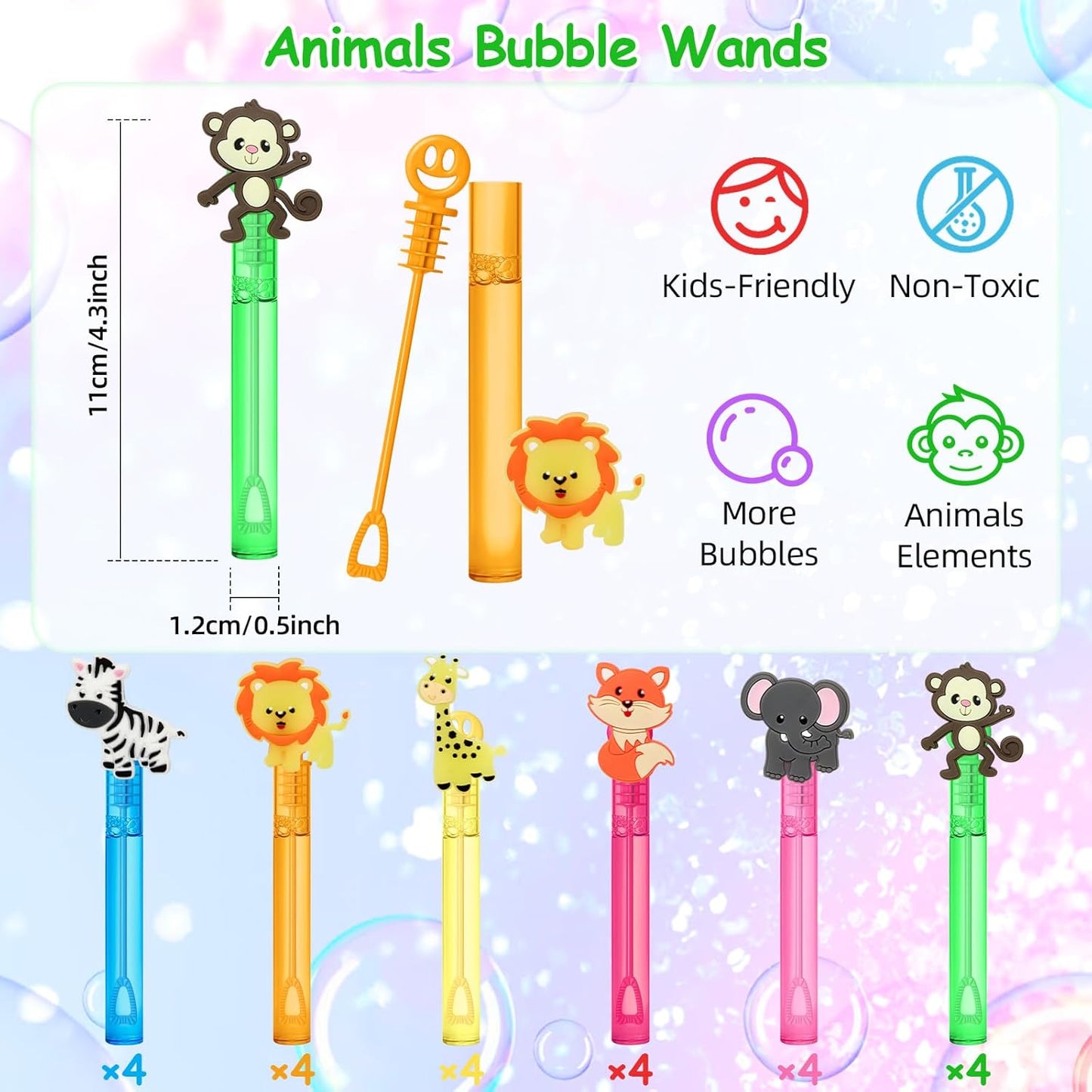 24 Jungle Animal Party Favors Bubble Wands for Kids, Lion Fox Zebra Giraffe Safari Mini Bubbles Wand Toys, Woodland Theme Birthday Party Supplies Goodie Gift Bag Stuffers Pinata Classroom Prizes