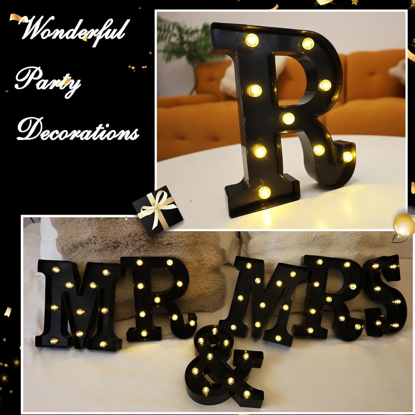 Led Marquee Letters, 8.58 Inch Black Light Up Letters, Small Led Letter Lights, Battery Powered Lighted Letterfor Table, Party, Birthday, Christmas Decor (Black, Letter R)