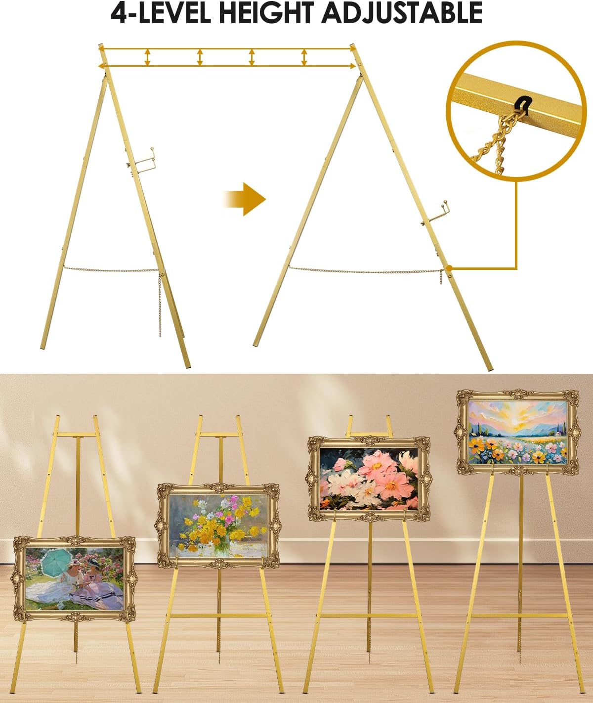 Gold Easel Stand for Wedding Signs with Adjustable Chain, Heavy Duty Metal Display Stand for Art, Welcome Signs, Posters, Pictures, Paintings,Posters & Commercial Display